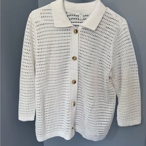 J. Jill White Open-Knit Cardigan with Gold Buttons